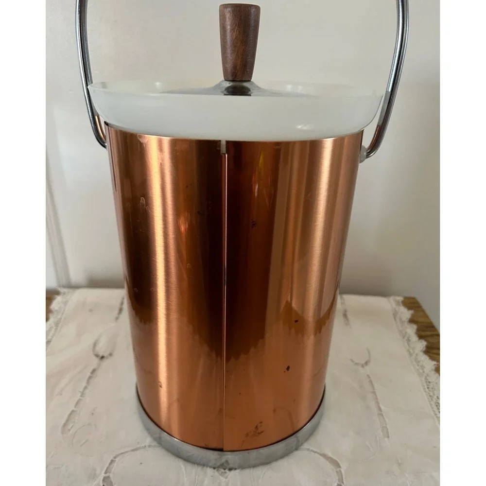 Vintage Kromex MCM Copper Color and Chrome with Wood Ice Bucket Barware